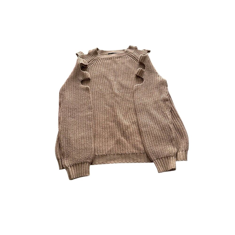 Tan Lightweight Knit Sweater Womens Small Slit Sleeve Detail Crew Neck